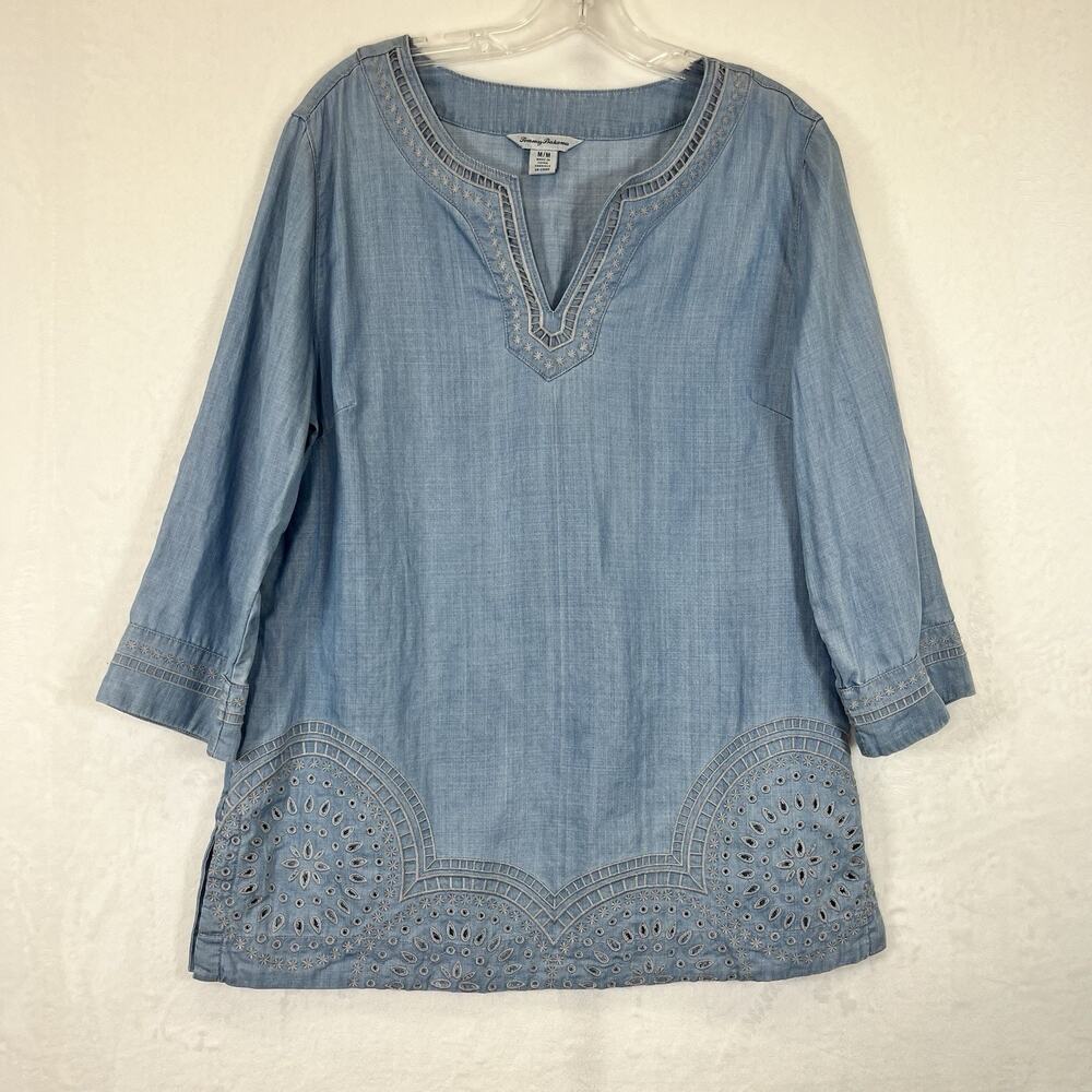 Tommy Bahama Embroidered Laser Cut Tunic Womens Medium 3/4 Sleeve V-Neck Tunic